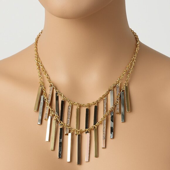 Mixed Metal Fringe Statement Necklace – Gold, Rose & Silver tone Fashion Jewelry - Picture 1 of 12
